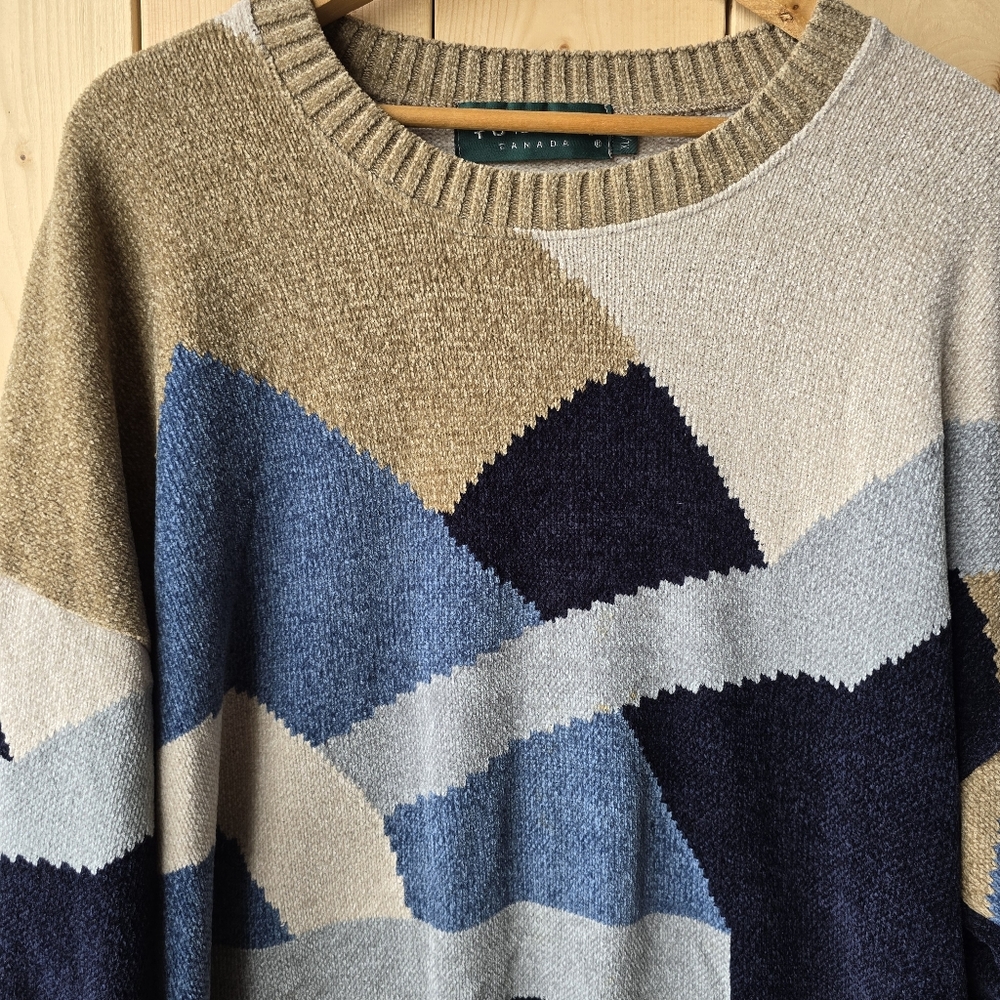 Vintage Tundra Canada Soft Knit Crewneck Sweater Colorblock Tan Blue Womens XL - Picture 2 of 11